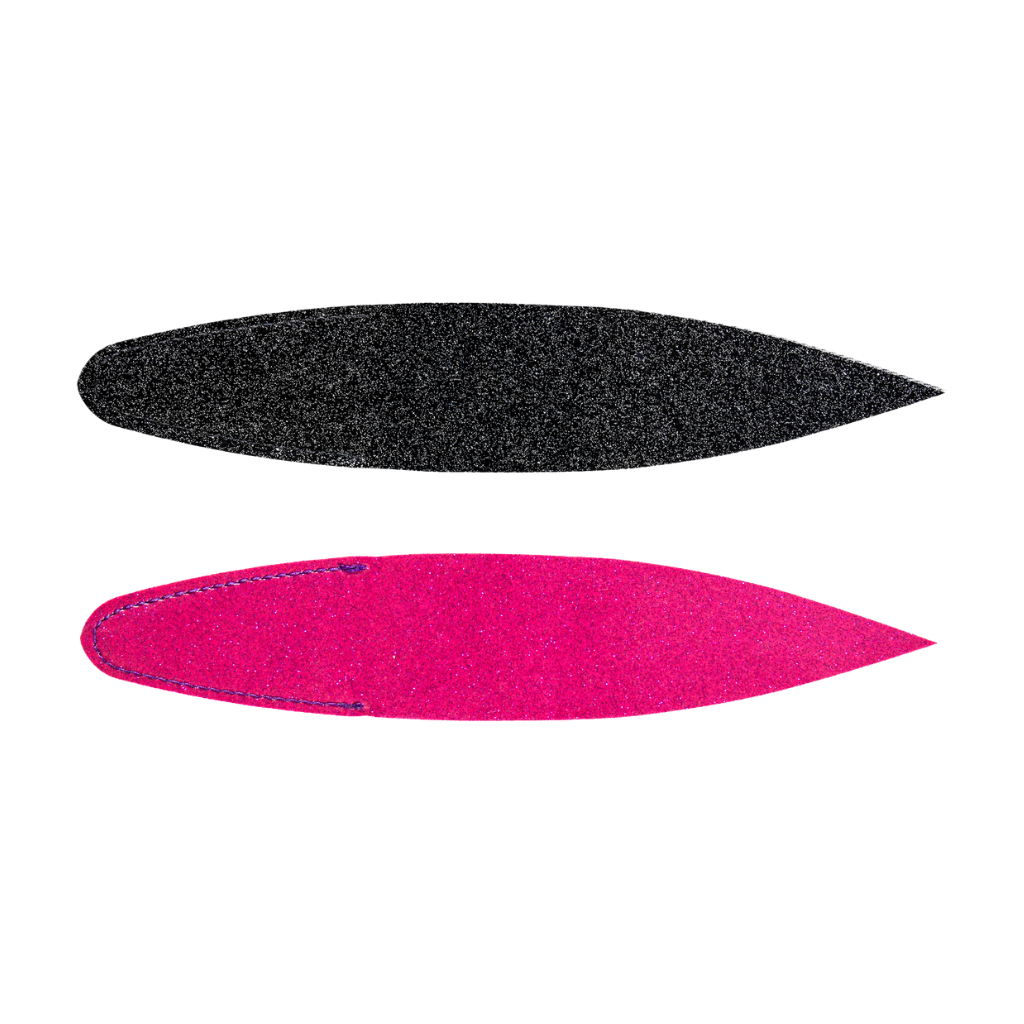 A front and back side of black and hot pink fire tailz 11" billfish bacon dredge strip