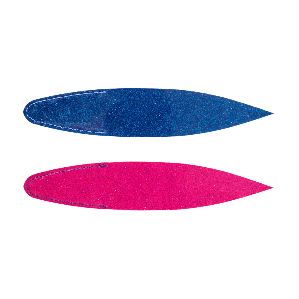 A front and back side of blue and hot pink fire tailz 11" billfish bacon dredge strip