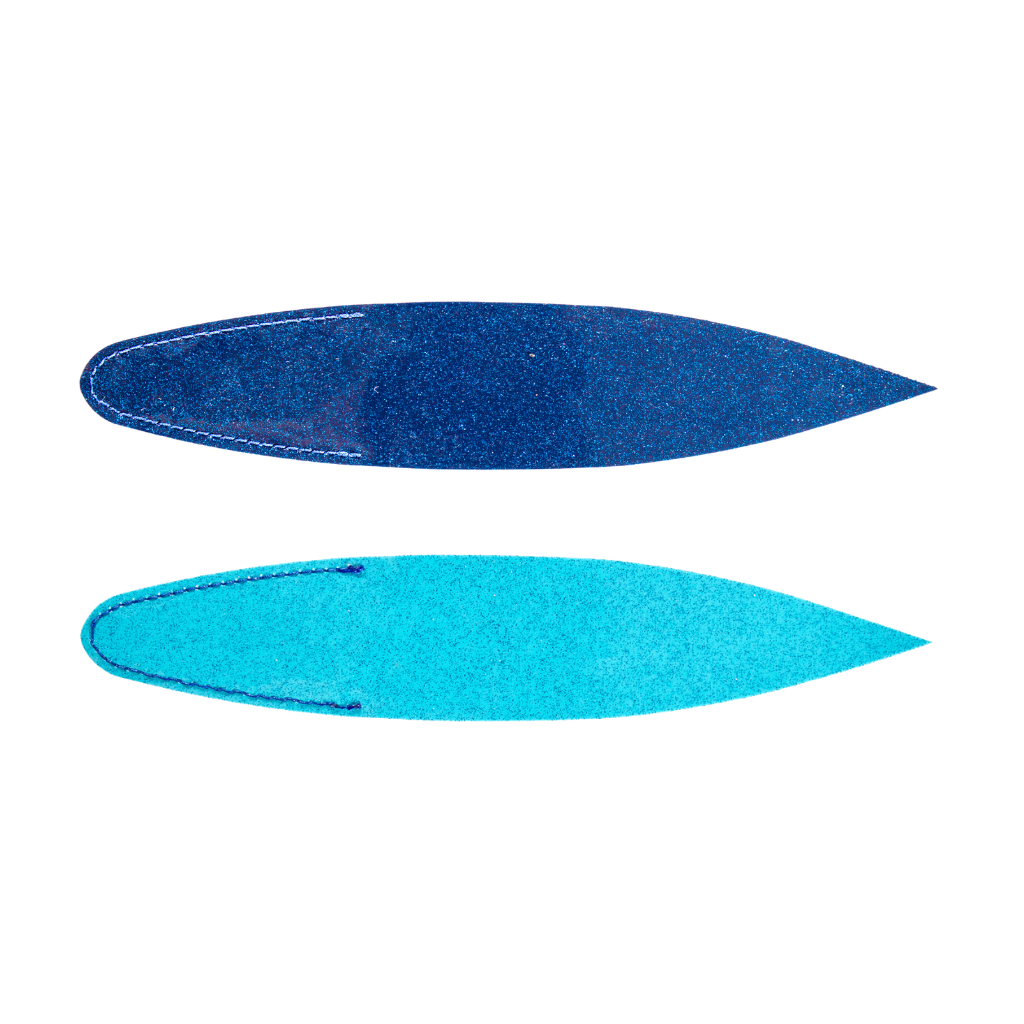 A front and back side of blue and turquoise fire tailz 11" billfish bacon dredge strip