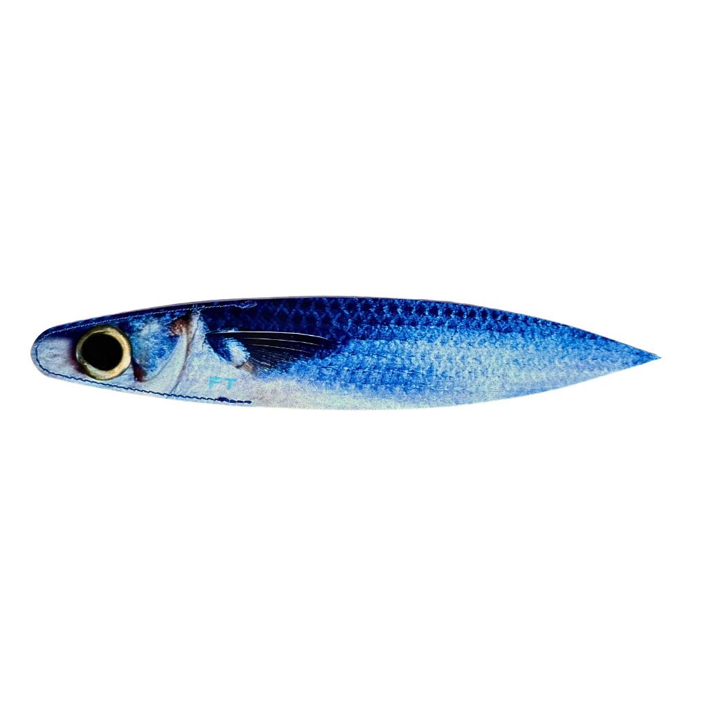 A single realistic blue mullet fire tailz 14" billfish bacon dredge strip