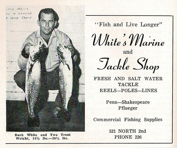 Vintage advertisement for White's Marine and Tackle Shop featuring a man with two fish.