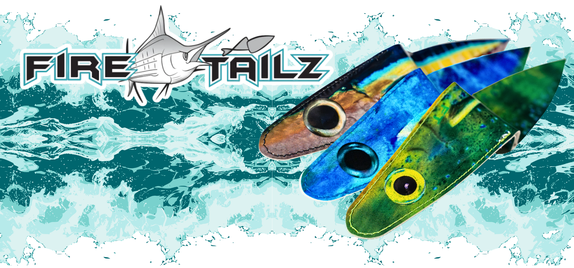 Two colorful fishing lures with 'Fire Tailz' branding on a water-themed background.