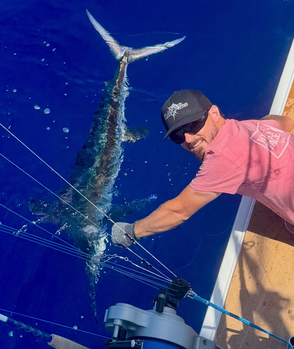 Man on a boat with a large marlin caught on a line against a blue water background