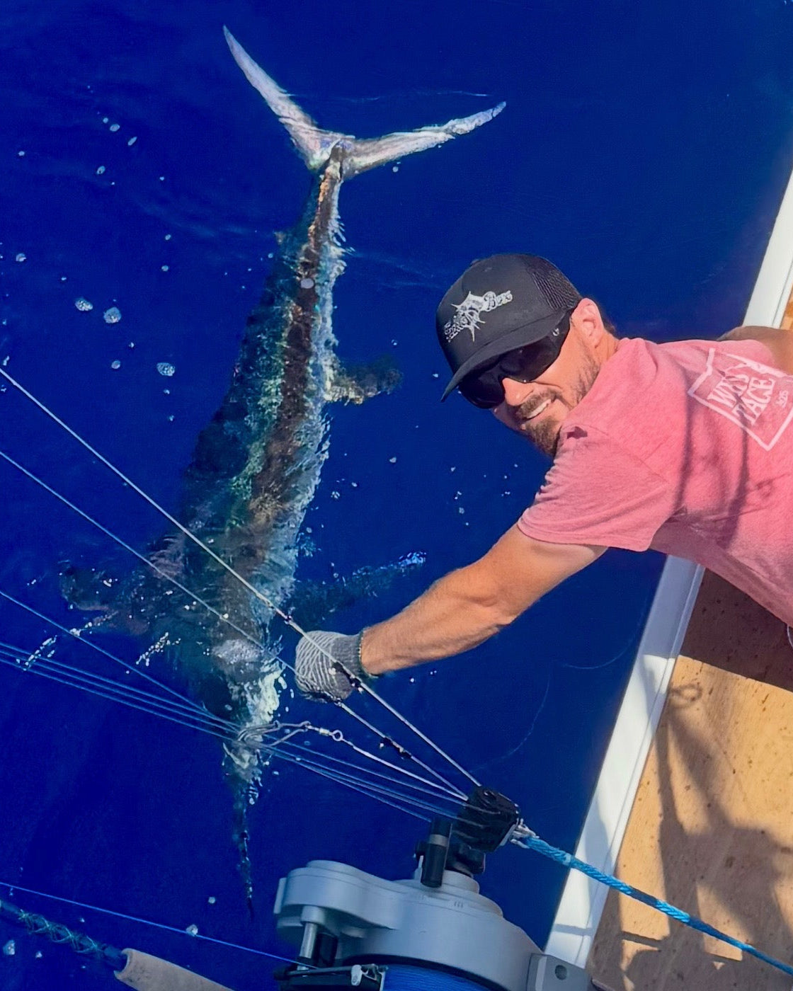 Man on a boat with a large marlin caught on a line against a blue water background