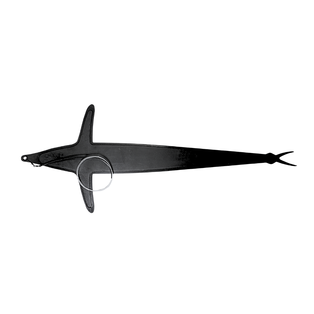 Black Billfish decoy on a white background