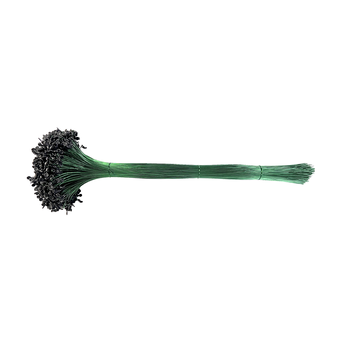 A bundle of green copper wire with a dense cluster of small black swivels twisted to each wire on one end photographed on a plain white background.