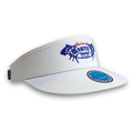A white visor hat featuring a blue and red embroidered logo for 'White's Tackle' on the front panel, with a matching round sticker on the brim, set against a plain white background.